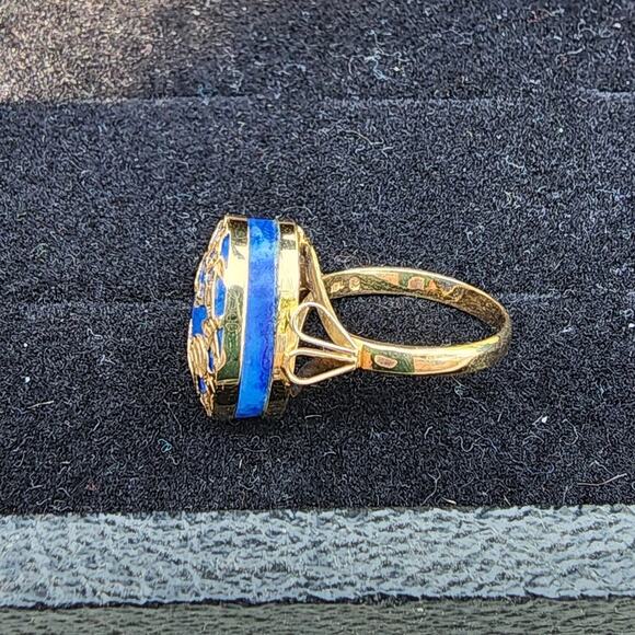 Estate 14k YG Lapis Lazuli Cabochon Pear Cut Inlaid Tiger Bamboo Ring - Picture 8 of 10